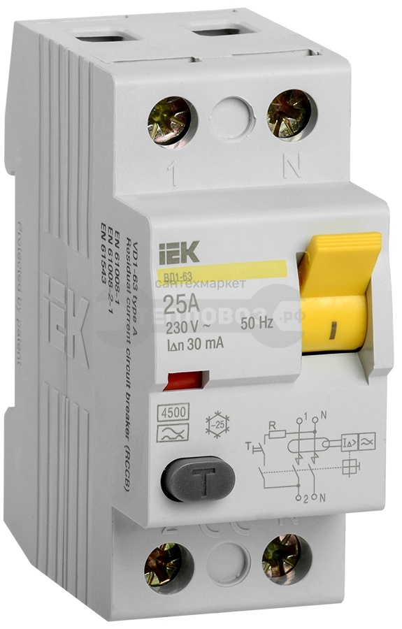 Купить IEK выключатель дифференциальный ВД 1-63 (УЗО) 2Р 25А 30мА в интернет-магазине Тепловоз