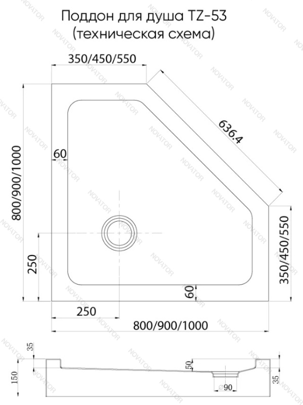 Veconi TZ53-90-C5 90х90 см, пятиугольный, сифон